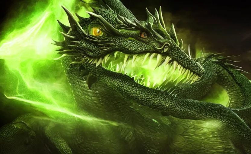 Image similar to green dragon, smiling, studio shot, volumetric lighting, 8k, real life picture, realistic, hyperdetailed, no blur, shadows