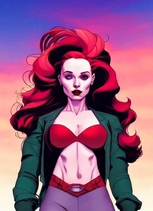 Prompt: Rafeal Albuquerque comic art, Joshua Middleton comic art, cinematics lighting, sunset colors, pretty female Madelaine Petsch Rogue x-men marvel, big smirk, symmetrical face, symmetrical eyes, long red hair and white hair, with white streak in hair, full body, flying in the air, sunset