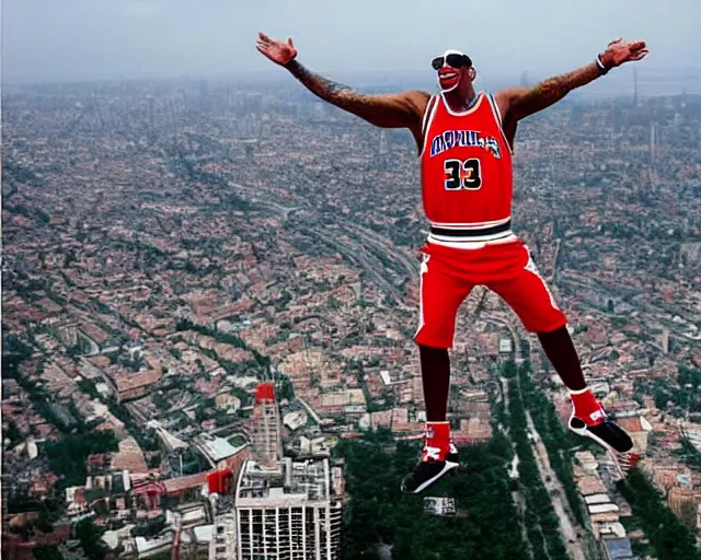 Image similar to dennis rodman t-posing in the air like jordan. he is flying over the city like a delicate little dove. he looks at the camera with intent to kill the viewer