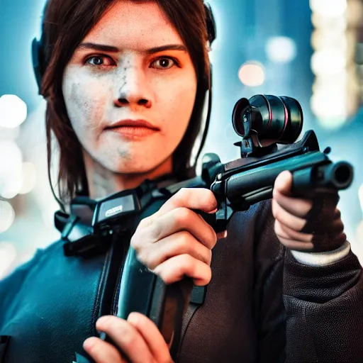 Image similar to photographic portrait of a techwear woman holding a shotgun, closeup, on the rooftop of a futuristic city at night, sigma 85mm f/1.4, 4k, depth of field, high resolution, 4k, 8k, hd, full color, Die Hard, movies with guns, movie firearms