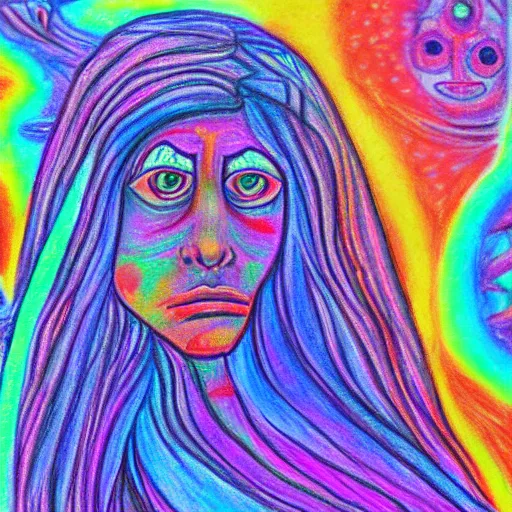 Image similar to school photo of a la llorona, psychedelic color pencil galactic drawing background