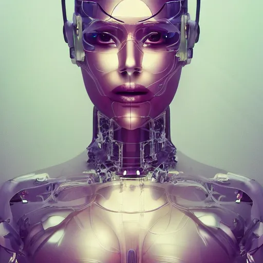 Image similar to Masterpiece full body portrait of a beautiful female cyborg with a beautiful face and flawless skin, parts of her body are made of transparent plastic, in a surreal dream landscape, eerie fog, cinematic lighting, 8k