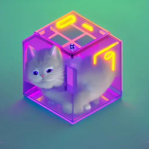 Prompt: Kitty Bot in glass isometric cube, no background, 3D character, very colourful, cinematic lighting, soft neon, octane render, trending on Artstation