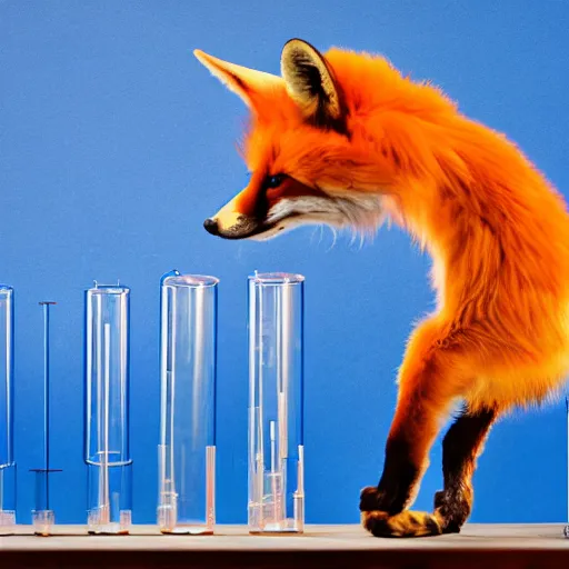 Prompt: Quadruped Fox in a lab coat, conducting experiments with strange coloured fluids in test tubes