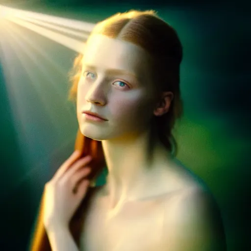 Prompt: photographic portrait of a stunningly beautiful english renaissance female with god rays coming from her eyes, in soft dreamy light at sunset, beside the river, soft focus, contemporary fashion shoot, hasselblad nikon, in a denis villeneuve movie, by edward robert hughes, annie leibovitz and steve mccurry, david lazar, jimmy nelsson, hyperrealistic, perfect face