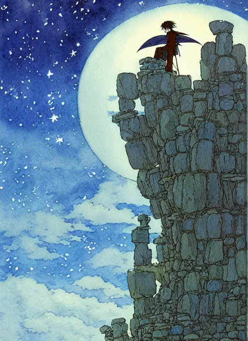 Image similar to hyperrealist studio ghibli watercolor fantasy concept art of a giant from howl's moving castle sitting on stonehenge like a chair. it is a misty starry night. by rebecca guay, michael kaluta, charles vess