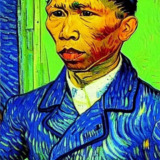 Image similar to pol pot in van gogh painting, 4 k, hyper realistic, dslr, high resolution, landscape, beautiful