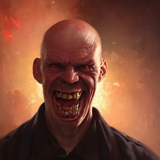 Image similar to portrait of a red bald man with black eyes and a black teeth, horror, glowing eyes, by Stanley Artgerm Lau , greg rutkowski, thomas kindkade, alphonse mucha, loish, norman rockwell. Trending on artstation detailed illustration hd 4k