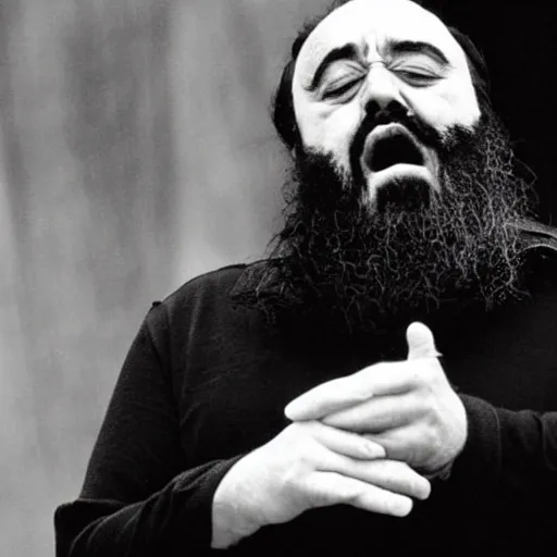 Image similar to luciano pavarotti as lead singer of the black metal band called darkthrone.