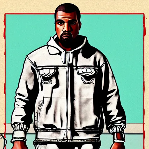 Image similar to illustration gta 5 artwork of kanye west, in the style of gta cover art, by stephen bliss