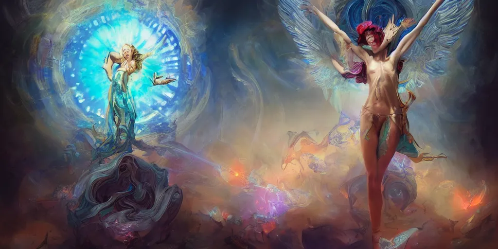 Prompt: beautiful model god of psychedelics dancing in a vortex, diamonds, angel, fantasy, dramatic lighting, highly detailed, digital painting, holding electricity, magic the gathering, hyper detailed, 3 d render, hyper realistic detailed portrait, peter mohrbacher, wlop, ruan jia