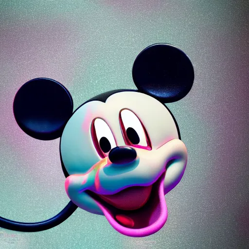 Image similar to counterfeit mickey mouse head, fractal, fractured broken, DMT dystopia, melting, wet, mycelium, radiant alien, rococo, baroque, automotive, bio-mechanical, porcelain, iridescent, sub surface scattering, octane render, unreal engine 5