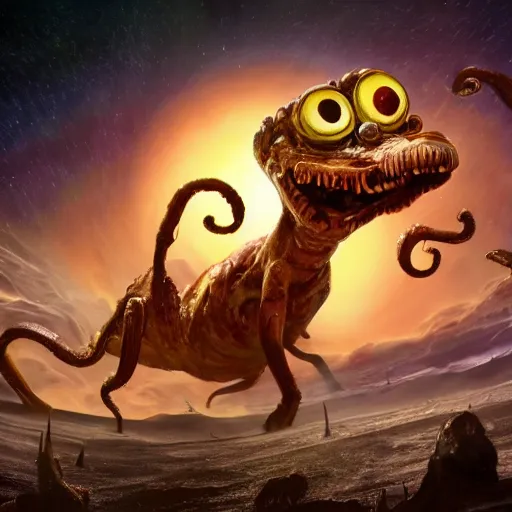 Image similar to one eldritch horror bloody garfield in space, galaxy, hd, 8 k, cinema footage, giant, epic, realistic photo, unreal engine, stars, prophecy, powerful, cinematic lighting, destroyed planet, debris, violent, sinister, ray tracing, dynamic, print, epic composition, dark, horrific, teeth, grotesque