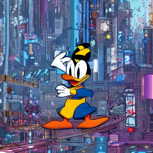 Prompt: Donald Duck in a cyberpunk New York City