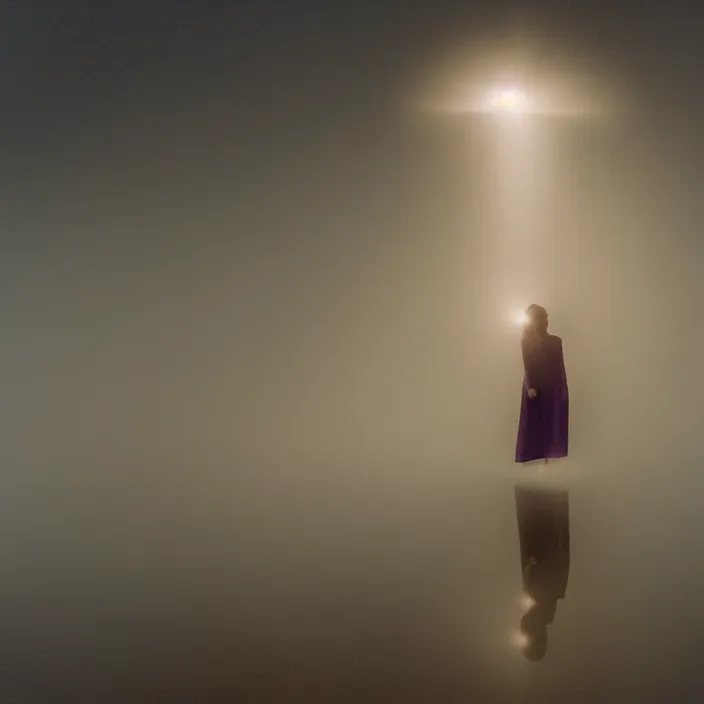 Image similar to a closeup portrait of a woman wrapped in plastic, standing next to a levitating luminescent orb, in a foggy lake, color photograph, by vincent desiderio, canon eos c 3 0 0, ƒ 1. 8, 3 5 mm, 8 k, medium - format print