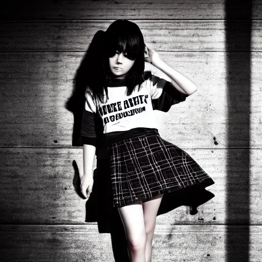 Prompt: female model teenage emo photography plaid skirt band shirt beautiful face, dramatic light darkroom