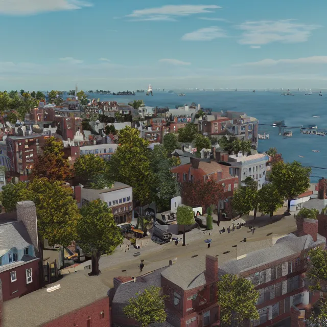 Prompt: portsmouth new hampshire colonial city on an ocean cliff, ocean cliff view, maple trees along street, chimneys on buildings, cobblestone street, light cinematic, volumetric, realistic, cinematic lighting, ray tracing, unreal engine 5, octane render, hyper realistic, photo, 8 k