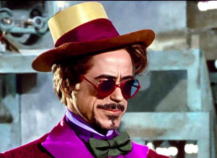 Image similar to film still of Robert Downey Jr as Willy Wonka in Willy Wonka and the Chocolate Factory 1971