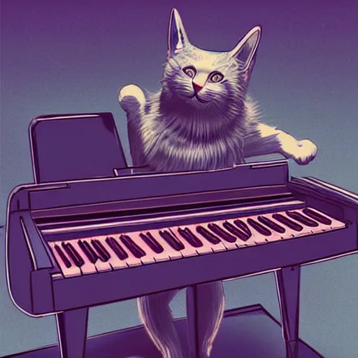 Prompt: cat [ playing a piano ], [ synthwave art style ]!!, trending on cgsociety