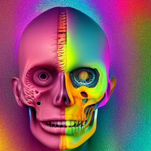 Image similar to insides of an opened human head turn into a huge coloured power explosion, hyperrealistic, medical photography, anatomically correct, realistic textures, 8 k,