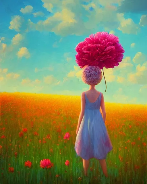 Image similar to girl with a giant carnation head, surreal photography, flower field, sunset dramatic light, impressionist painting, colorful clouds, blue sky, digital painting, artstation, simon stalenhag