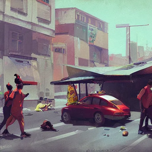 Prompt: São Paulo streets full of beggars, busy street, local market working in prosperity, police car passing by, artwork by Sergey Kolesov