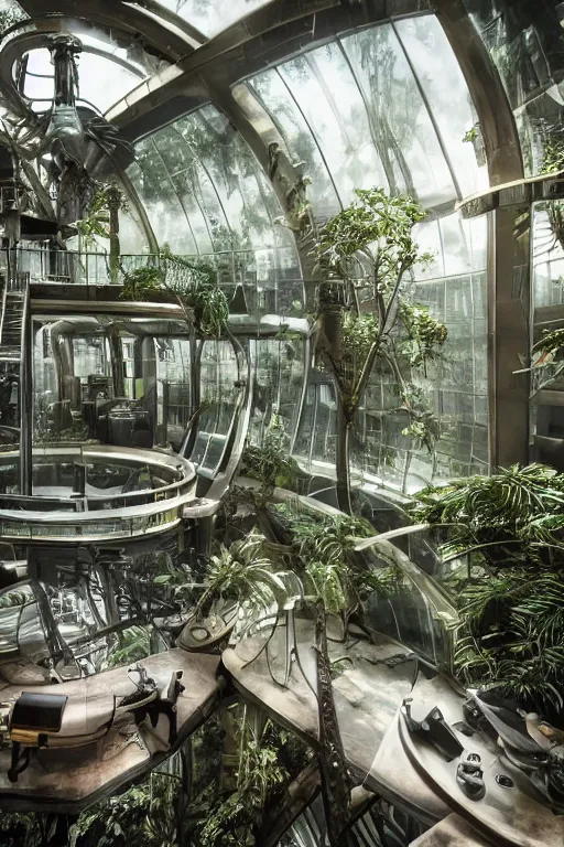 Image similar to a futuristic steampunk science office, inside a building built in the middle of a lush tropical rainforest, steampunk furniture and computers, lush forest outside of the window, realistic, detailed, dark, moody, scary lighting, ominous feeling, canon 50mm lens,