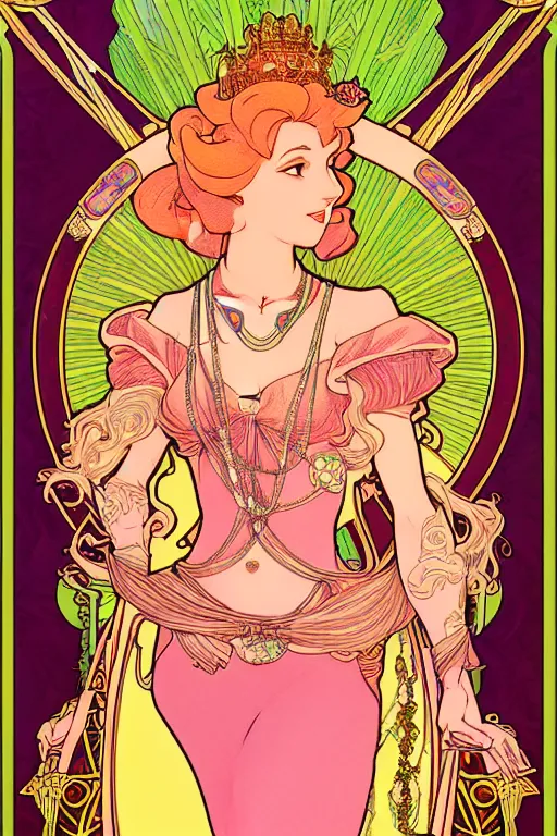 Image similar to full length portrait of princess peach art nouveau, tarot card by mucha, gaudy colors, sharp edges, octane render, intricate linework.