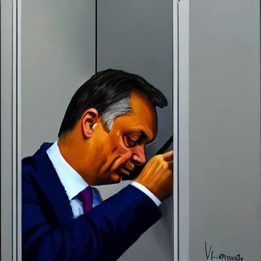 Image similar to viktor orban doodling in a cubicle, oil painting