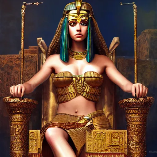 Image similar to Cleopatra on her throne, beautiful eyes, full body, fantasy, beautiful face, medieval, vivid colors, elegant, concept art, sharp focus, digital art, Hyper-realistic, 4K, Unreal Engine, Highly Detailed, HD, Dramatic Lighting by Brom, trending on Artstation