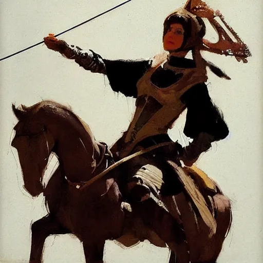 Prompt: portrait of woman wearing on horseback medieval clothing aiming a bow and arrow, detailed by greg manchess, craig mullins, bernie fuchs, walter everett