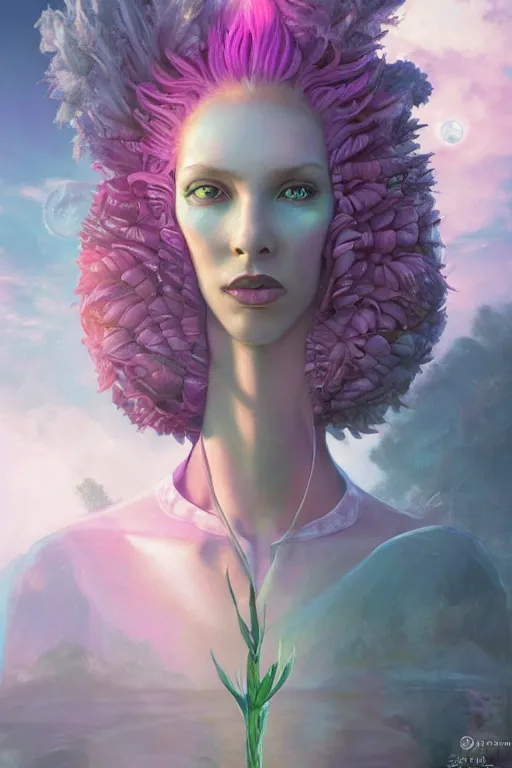 Image similar to digital portrait of an eloquent alien plant queen, straight on, full body character concept art, concept art, by artgerm, tom bagshaw, gerald brom, vaporwave colors, lo fi colors, vaporwave, lo fi, 4 k, hd, rendered with substance designer, small details,