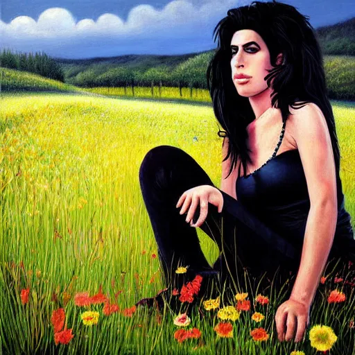 Prompt: striking hyper realistic painting of Amy Winehouse sitting in a meadow by Ivan Buchholz,