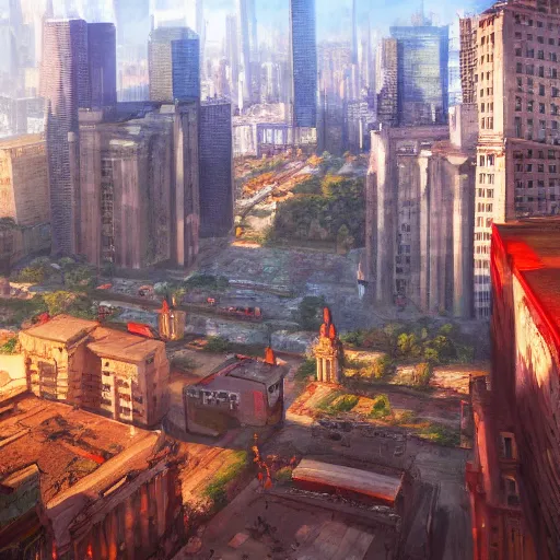 Prompt: realistic landscape painting of big city with buildings all stained with blood,made by Michaelangelo, physical painting, Sharp focus,digital art, bright colors,fine art, trending on Artstation, unreal engine.