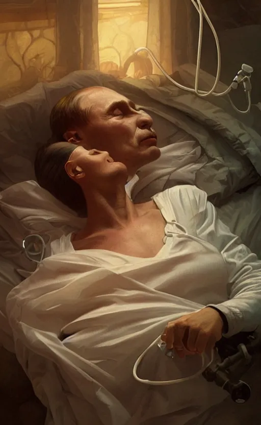 Image similar to Putin sleeps with oxygen mask on a death bed, intricate, portrait, miserable, highly detailed, digital painting, artstation, concept art, smooth, sharp focus, illustration, cinematic lighting, art by artgerm and greg rutkowski and alphonse mucha