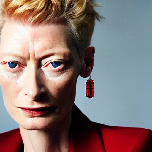 Image similar to close up portrait of tilda swinton wearing a red blazer and ruby earrings, vivid eyes, photorealistic