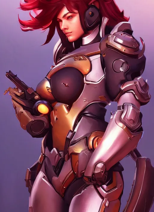 Image similar to poster!! beautiful new female character for overwatch, character concept art, action pose, illustration, full body armor, steel plating, huge weapon, super powers, athletic, long red hair, symmetry, intricate design, shiny, highly detailed, hd, dramatic lighting, art by artgerm and greg rutkowski