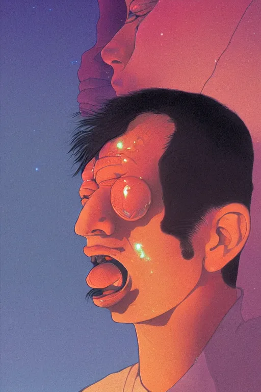 Image similar to a scifi closeup portrait of a young morrocan man licking a blotter paper of LSD acid on his tongue and dreaming psychedelic hallucinations in cosmos, by kawase hasui, moebius, Edward Hopper and James Gilleard, Zdzislaw Beksinski, Steven Outram colorful flat surreal design, hd, 8k, artstation