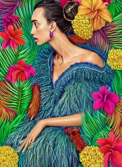 Image similar to beautiful portrait of Irina Shayk wearing fantastic Hand-dyed cotton dress,embellished beaded feather decorative fringe knots ,colorful pigtail,subtropical flowers and plants,symmetrical face,intricate,elegant,highly detailed,8k,digital painting,trending on pinterest,GUCCI,PRADA,harper's bazaar,concept art, sharp focus,golden ratio,illustration,by artgerm,Tom Bagshaw,Lawrence Alma-Tadema,greg rutkowski