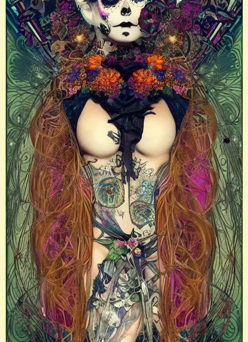 Image similar to cute punk goth fashion fractal Día de los Muertos tattooed girl posing in goth outfit by Zhang Jingna, psychedelic poster art of by Victor Moscoso Rick Griffin Alphonse Mucha Gustav Klimt Ayami Kojima Amano Charlie Bowater, masterpiece