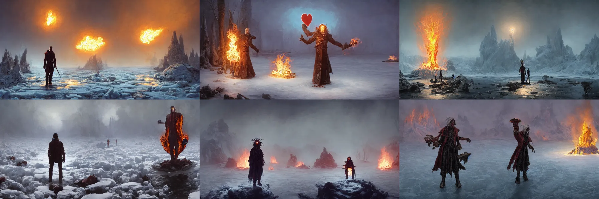 Prompt: An ultrawide shot of a necromancer standing in the center of a surreal icy lake, necromancer is holding a burning human heart in his hands, heart is on fire with blazing flames by albert bierstadt albert ramon puig Simon Stålenhag greg rutkowski netter, an epic fantasy, dramatic lighting, establishing shot, extremely high detail, photorealistic, cinematic lighting, artstation, horizon forbidden west, ray tracing rendered in octane 8k 3d light study