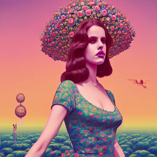 Image similar to pretty lana del rey with hallucination mushroom : : by martine johanna and simon stalenhag and chie yoshii and casey weldon and wlop : : ornate, dynamic, particulate, rich colors, intricate, elegant, highly detailed, vogue, harper's bazaar art, fashion magazine, smooth, sharp focus, 8 k, octane render,