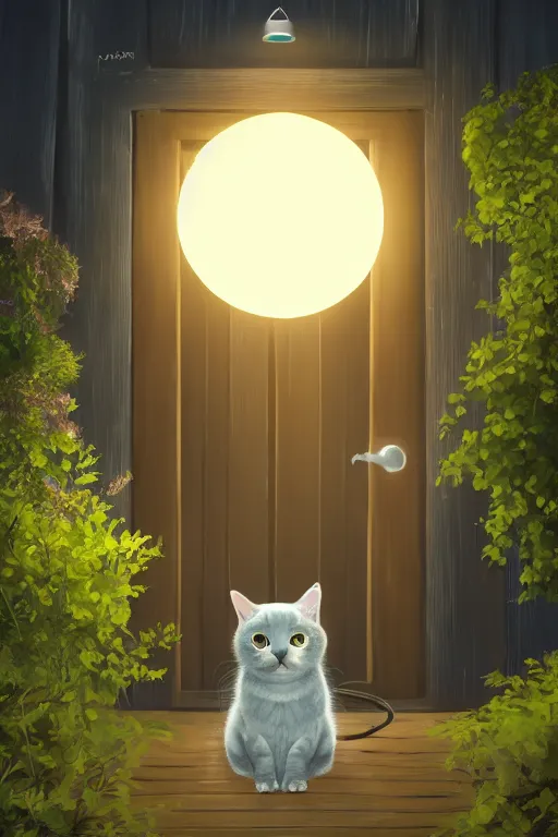 Prompt: a cute cat looks across at night, lantern light illuminates besides, photorealistic, dreamy moonlit nightscape by the garden, lake house, smooth, matte colors, trending on artstation, 4 k, 8 k