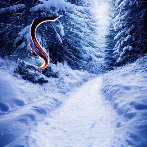Prompt: a snow dragon on a path in a snowy montain. modern ultra realistic graphics and ray - tracing, atmosphere, depth of field, full of color, trending on artstation, ultra high detail, ultra realistic, cinematic, focused, 8 k