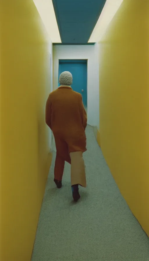 Prompt: 7 0 s movie still of a man made of wool walking in a hospital with yellow wall, cinestill 8 0 0 t 3 5 mm eastmancolor, heavy grain, high quality, high detail
