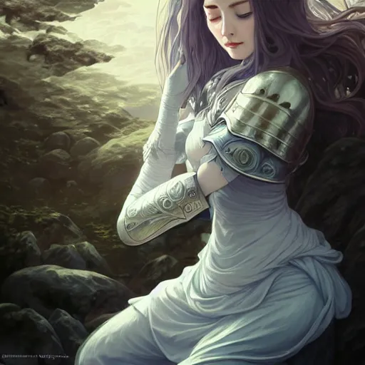 Prompt: wide angle, knight, sleeping on rock, white grey blue color palette, eyes closed, forest, female, d & d, fantasy, intricate, elegant, highly detailed, long silver hair, digital painting, artstation, octane render, concept art, matte, sharp focus, illustration, hearthstone, art by artgerm, alphonse mucha johannes voss