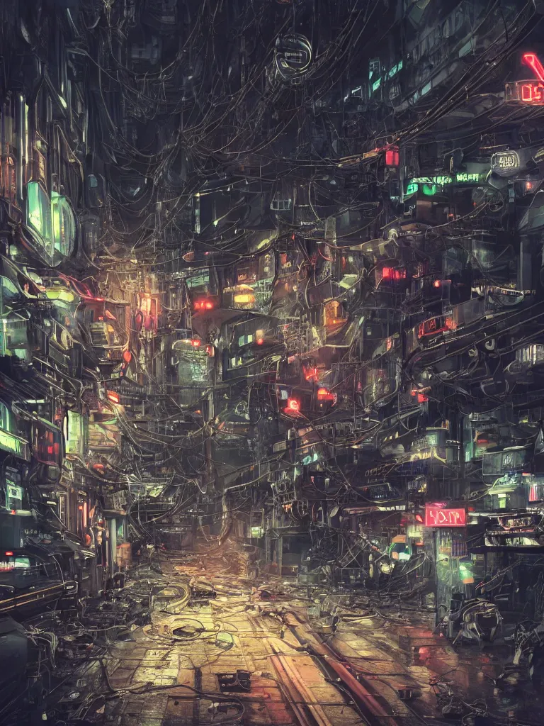 Image similar to futuristic dieselpunk street, cable stone ground. lots hanging cables, tiny wires on the ground. narrow, garbage on the ground. rain. fog, haze, evening. led screens. neon signs. very sharp. cables on the ground. very messy. futuristic. photorealistic. artstation. anime. studio gimbli style. golden rate.