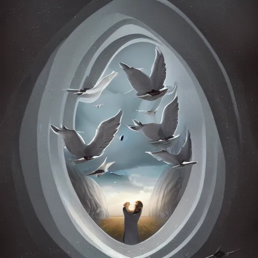 Image similar to a human ear shaped portal, doves flying into the portal, peaceful, digital illustration, trending on artstation