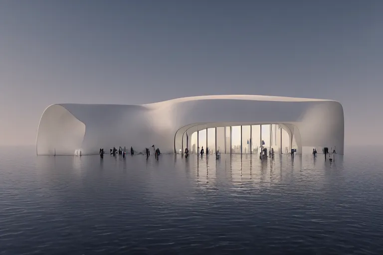 Image similar to the big skum white building formed by the intersection of many white egg shaped spherical spaces, on the calm lake, people's perspective, future, interior wood, marble, award winning, highly detailed 4 - k art, dusk, unreal engine highly rendered, global illumination, radial light, internal environment