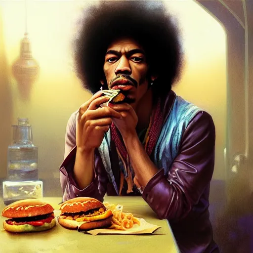 Prompt: portrait of Jimi Hendrix eating hamburgers, extra onions and ketchup, luscious patty with sesame seeds, feminine ethereal, handsome, D&D, fantasy, intricate, elegant, highly detailed, digital painting, artstation, concept art, matte, sharp focus, illustration, art by Artgerm and Greg Rutkowski and Alphonse Mucha